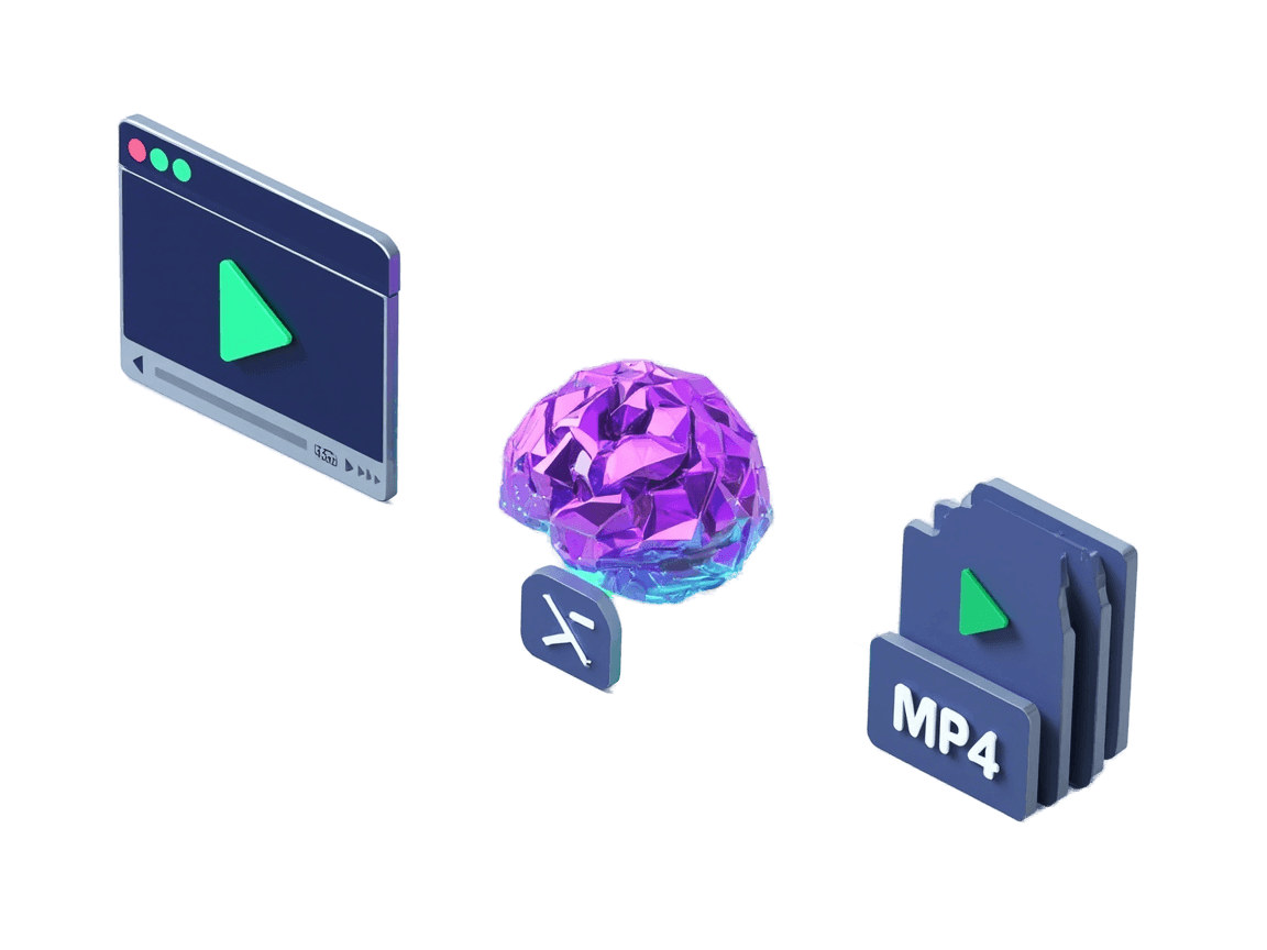 Ilustração 3D do fluxo URL → IA → vídeo MP4