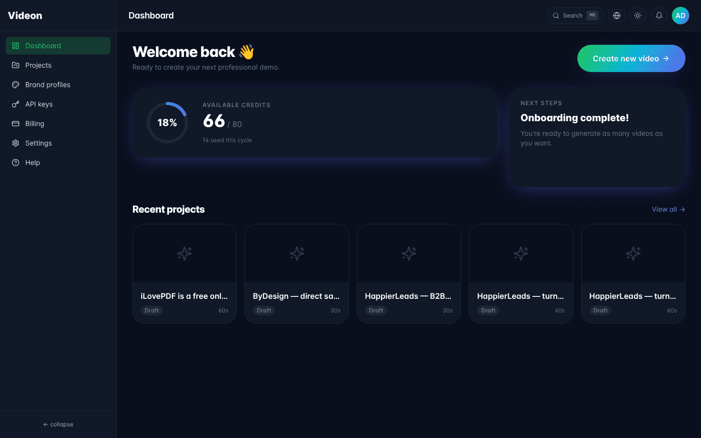 Tela do dashboard mostrando saldo de créditos e projetos recentes